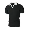 Black men's cable knit polo shirt featuring a contrast white collar and cuffs - S / Tops / Black