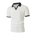 Men's white short sleeve polo shirt with black contrast collar and jacquard texture - White