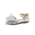 Elegant silver girls' princess shoes with sparkling rhinestone butterfly and pearl strap - 21 / Inner Length 13.5cm / Silver
