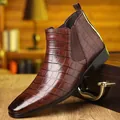 Close-up of brown crocodile pattern men's Chelsea boots with side elastic panel - 39 / Black Brown