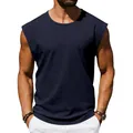 Men's loose fit navy blue sleeveless t-shirt styled with casual white trousers. - S / Tops / Navy Blue