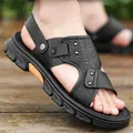 Premium black men's fashion beach sandals featuring crocodile texture and a durable thick sole - Black