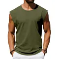 Primo piano della t-shirt da uomo senza maniche verde oliva con dettagli su tessuto e taglio - Verde militare