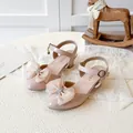 Pink patent leather girls' pointed toe sandals with a sparkling rhinestone mesh bow - Size 27 (17cm) / Pink