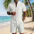 Men's white linen-style short sleeve shirt and button shorts set for summer beach - S / Top And Bottom / White