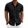 Detailed view of black linen short sleeve utility shirt with chest pockets. - S / Tops / Black