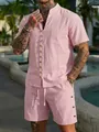Pink men's summer short sleeve shirt and shorts set with stand collar and buttons - S / Top And Bottom / Pink