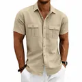 Close-up detail of khaki men's linen short sleeve shirt with two chest cargo pockets - Khaki