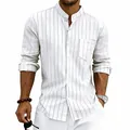 Camicia casual in lino da uomo con righe verticali e dettaglio colletto coreana. - Bianco