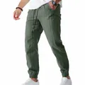 Vue détaillée du pantalon de jogging en lin à rayures vert olive pour homme avec cordon - Vert Militaire
