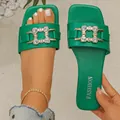 Detail view of stylish green square toe flat sandals with decorative crystal buckle - Green