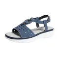 Detail view of stylish blue women's sandals with hollow-out pattern and thick sole. - Blue