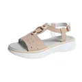 Side view of comfortable beige platform sandal with decorative cutouts and gold buckle - Beige