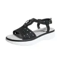 Side view of black T-strap thick sole sandals with perforated details and metal ring - Black