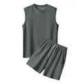 Herren Set Dunkelgrau Waffelstrick Ärmellose Weste und Shorts Zweiteiler Europäische Größe - S / Oberteil und Hose / Grau