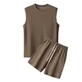 Braunes Herren-Set 2-teilig mit geripptem ärmellosem Tanktop und Shorts - S / Oberteil und Hose / Kaffeebraun