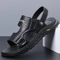 Sandales de plage décontractées en cuir de vachette noir pour hommes, design respirant - Noir