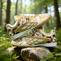 Professional kids golden soccer shoes with TF turf studs in a lush forest setting - Champagne Gold
