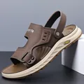 Sandales d'été en cuir de vachette marron pour hommes, respirantes et très polyvalentes - Marron Jaune