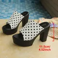 Stylish women's chunky high heel platform slide sandals featuring a classic black polka dot pattern - White