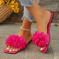 Casual women's flat sandals featuring a vibrant hot pink 3D flower design for summer - Rose Red