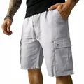 Men's slub linen-cotton cargo shorts in light grey with drawstring waist - S / Bottoms / Light Gray