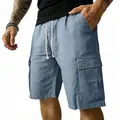 Men's casual light blue linen cargo shorts with drawstring waist and side pockets - S / Bottoms / Light Blue