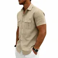 Detail of men's linen cargo short sleeve shirt with double chest pockets and casual fit. - S / Tops / Khaki