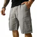 Men's casual grey linen cotton cargo shorts with drawstring waist for outdoor activities - S / Bottoms / Dark Gray