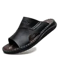 Premium men's handmade stitched black leather sandals with soft sole and textured finish - 37 / Slide Style (892) / Black