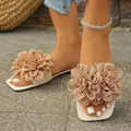 Chic women's flat sandals with large 3D fabric flower embellishment for beach. - Khaki
