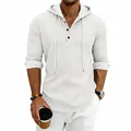Close-up of men's white waffle knit long-sleeve hoodie with buttoned Henley neckline. - S / Tops / White