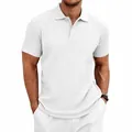 Detail view of men's white short-sleeve polo shirt with knitted jacquard pattern - S / Tops / White