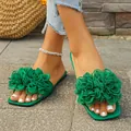 Stylish green flat slide sandals with large 3D fabric flower decoration for women - Green