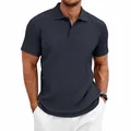 Detailed view of men's navy blue short-sleeve polo shirt with cable-knit texture. - S / Tops / Navy Blue