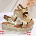 Detail view of gold platform wedge sandals with heel and platform height measurements - Gold-2