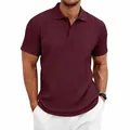 Detailed view of mens burgundy short sleeve polo shirt with textured vertical cable knit - S / Tops / Burgundy