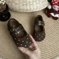 Close-up detail of brown polka dot Mary Jane shoes for girls with double buckle straps - Size 15 Inner Length 12cm / Brown