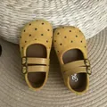 Close-up view of yellow polka dot Mary Jane shoes for girls featuring double straps - Size 15 Inner Length 12cm / Yellow