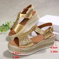 Women's golden platform wedge sandals with crocodile texture and buckle strap - Gold-1