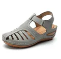 Vintage grey closed-toe wedge sandals with hollowed-out design and Velcro strap. - Gray