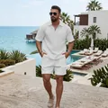 Men's summer casual set with white waffle texture half-zip polo and shorts - White