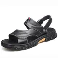 Sandales en cuir noir pour hommes, respirantes, semelle souple, été extérieur - Noir