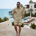 Men's khaki waffle knit half-zip polo shirt and matching shorts summer leisure set - Khaki