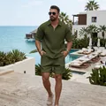 Men's olive green waffle knit two-piece set with half-zip polo and casual shorts - Army Green