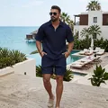 Navy blue men's waffle texture half-zip polo shirt and shorts two-piece summer casual set - Navy Blue