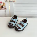 Light blue kids closed-toe summer sandals with plaid lining and double Velcro straps - Size 28 Internal Length 17.5 / Blue