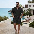 Men's summer black waffle knit half-zip polo shirt and shorts casual two-piece set - Black