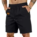 Detailed view of men's black quick-dry casual beach shorts with elastic drawstring waist - S / Bottoms / Black