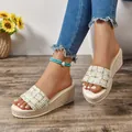 Sandalias de cuña cómodas para mujer con tira de tweed y suela de plataforma de paja - 36 / Blanco Roto